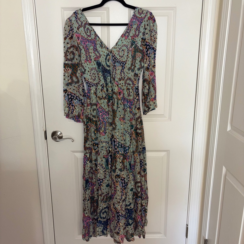 Oliphant Aqua Whimsical Animal Print Smocked Lurex Maxi Dress Womens Medium